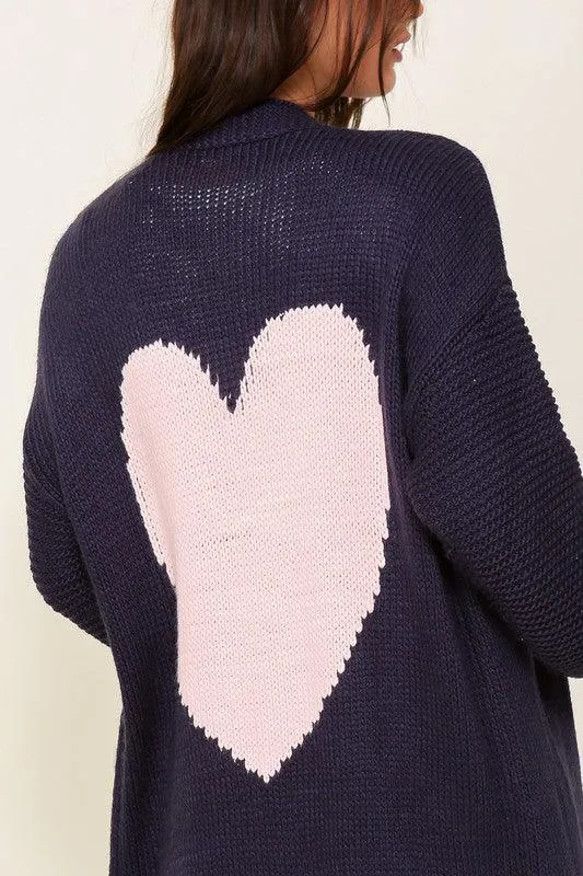 I heart you Long Sleeve Open Front Cardigan With Back Heart