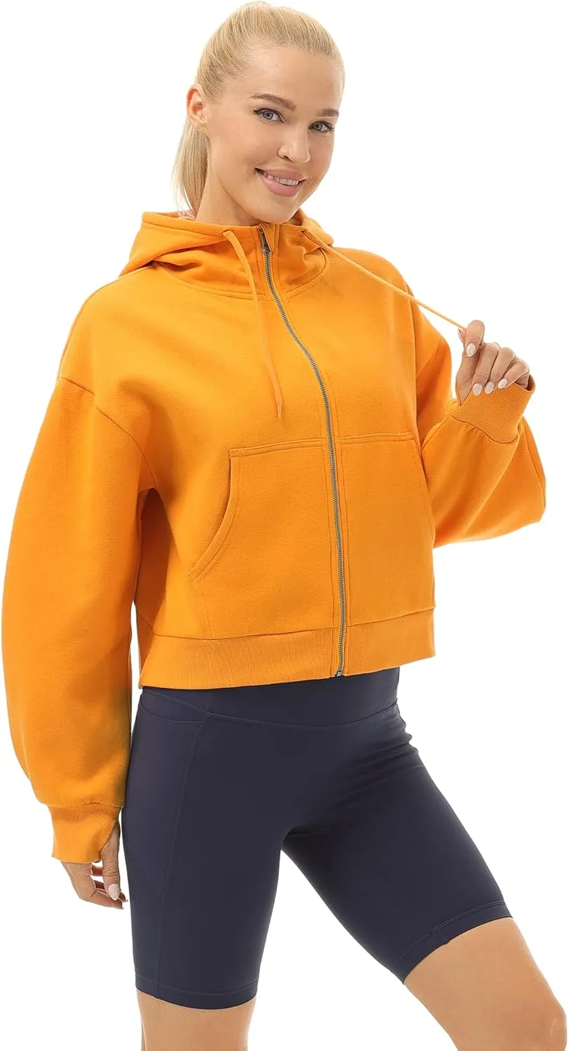 icyzone Fleece Lined Zip Up Jackets for Women with Pockets and Thumb Holes, Oversized Athletic Hoodie Sweatshirt