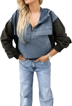 IVERIRMIN Women's Half Zip Denim Patchwork Hoodies Oversized Jean Pullover Tops Vintage Hooded Sweatshirt Long Sleeve Shirts