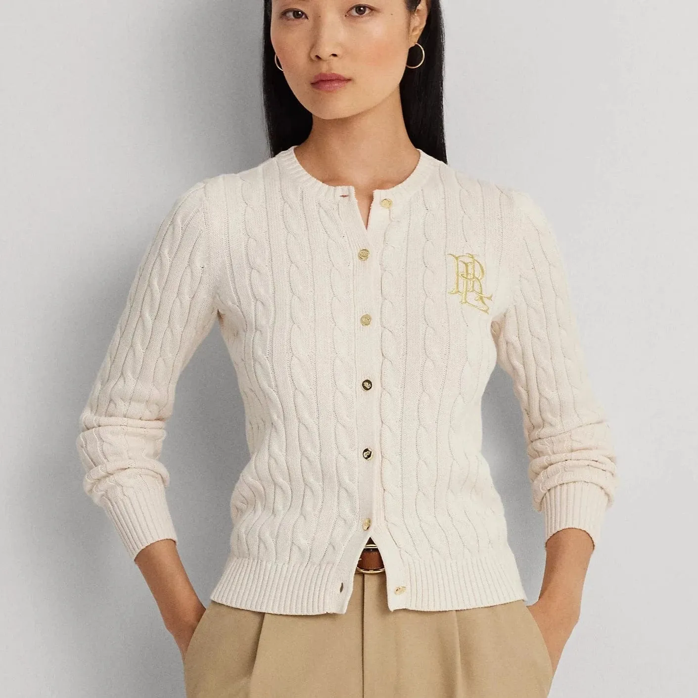 Lauren Ralph Lauren Cable-Knit Cotton Cardigan In Cream