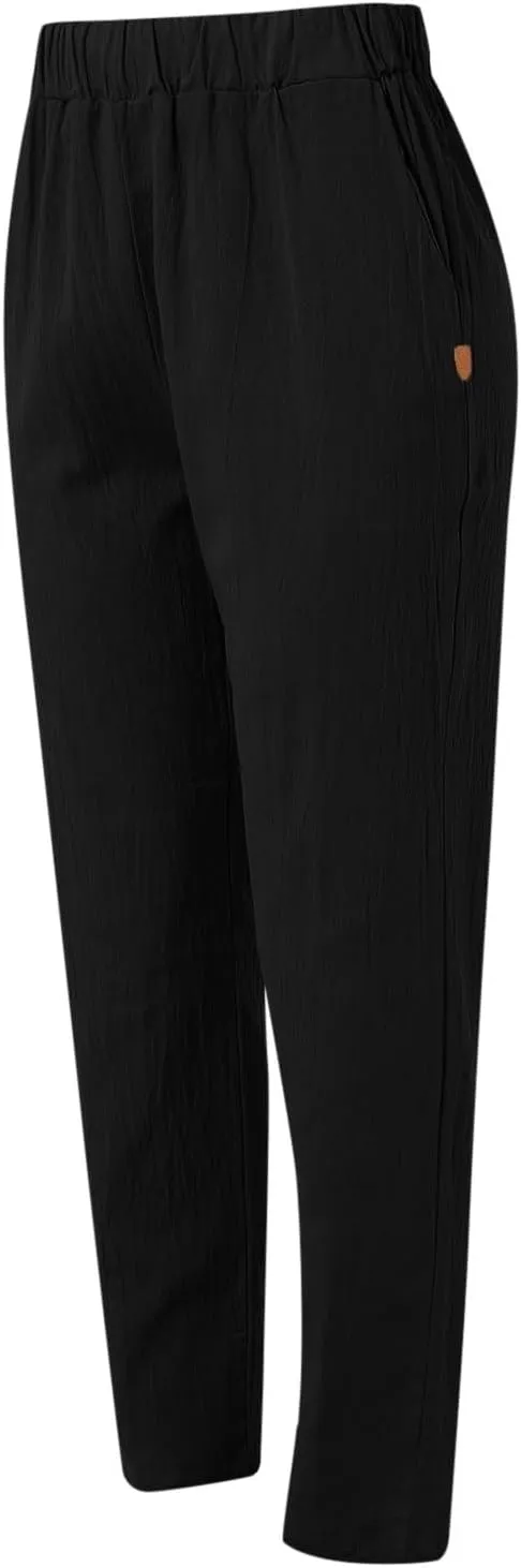 Linen Pants for Women 2025 Pants Stripe Print Side Trendy Pants Baggy Elastic Waist Straight Leg Comfy Beach Trousers