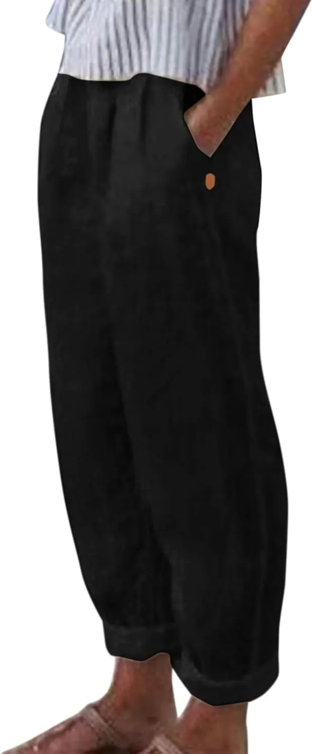 Linen Pants for Women 2025 Pants Stripe Print Side Trendy Pants Baggy Elastic Waist Straight Leg Comfy Beach Trousers