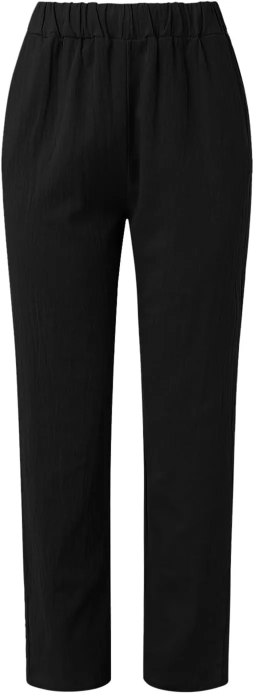 Linen Pants for Women 2025 Pants Stripe Print Side Trendy Pants Baggy Elastic Waist Straight Leg Comfy Beach Trousers