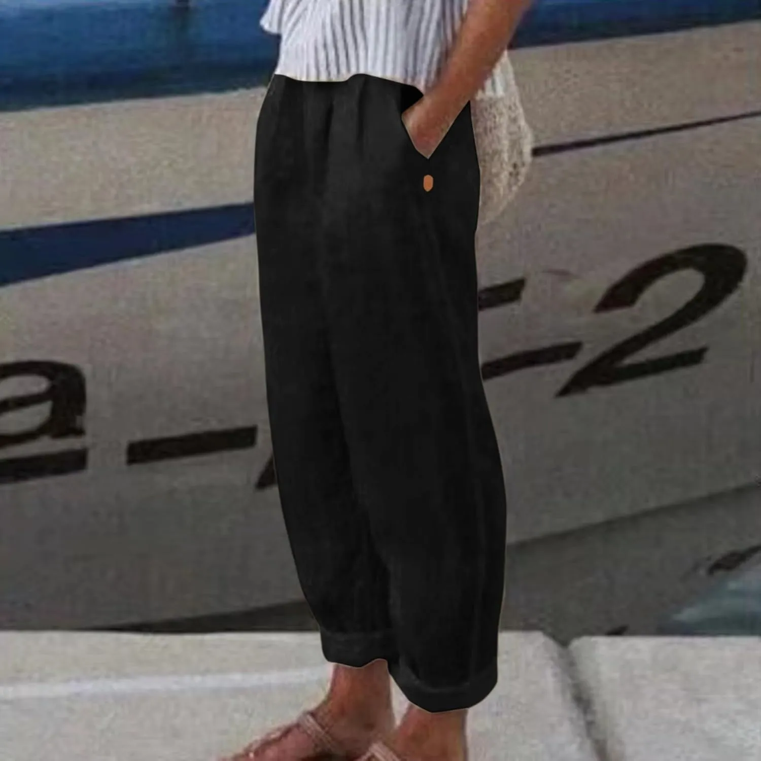 Linen Pants for Women 2025 Pants Stripe Print Side Trendy Pants Baggy Elastic Waist Straight Leg Comfy Beach Trousers