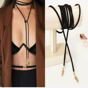 Long Black Leather Leaf Choker