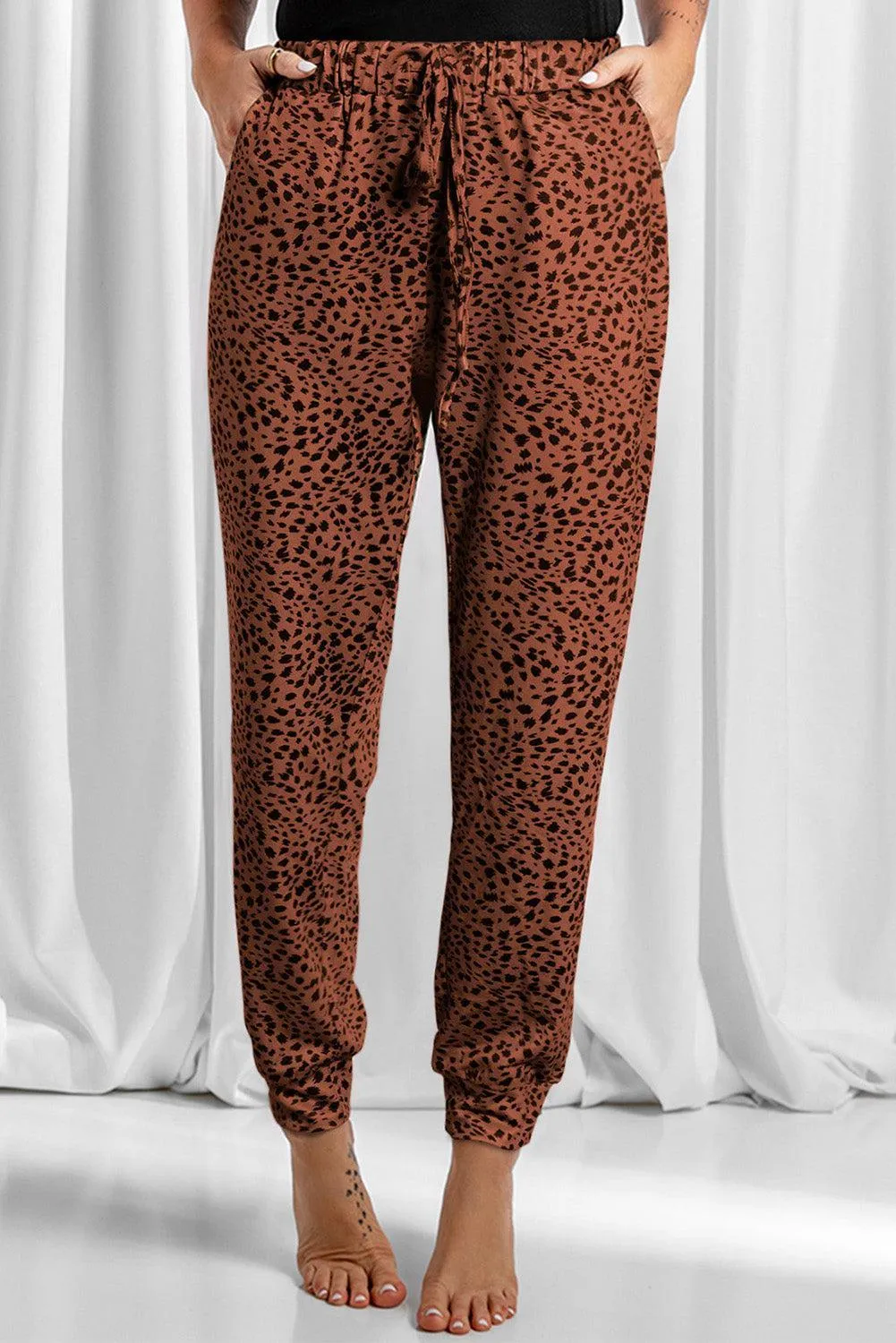 Lounge In Style Drawstring Leopard Print Joggers