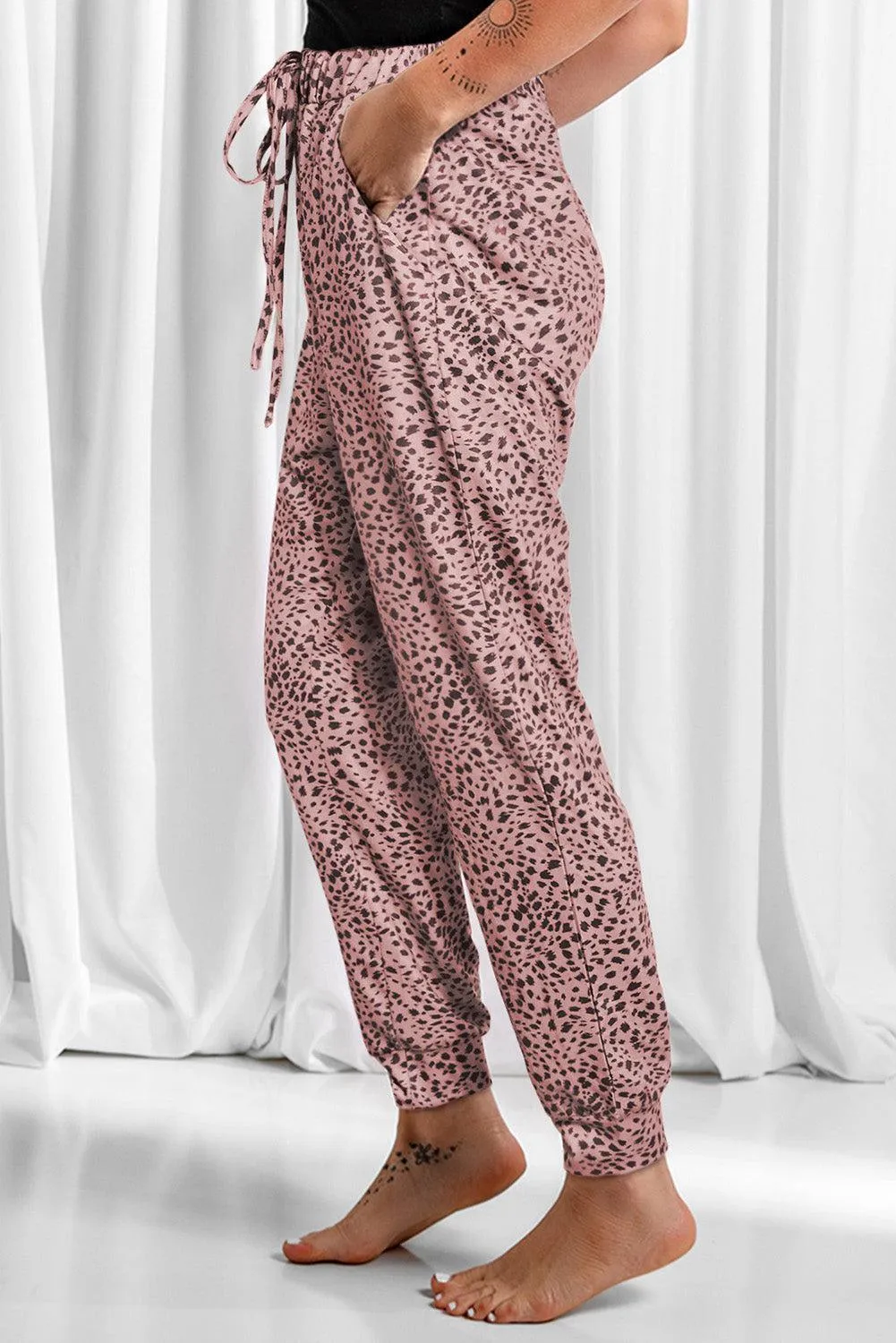 Lounge In Style Drawstring Leopard Print Joggers