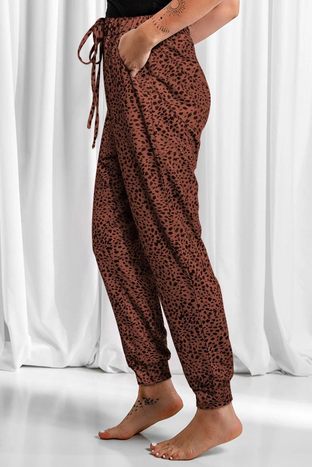 Lounge In Style Drawstring Leopard Print Joggers