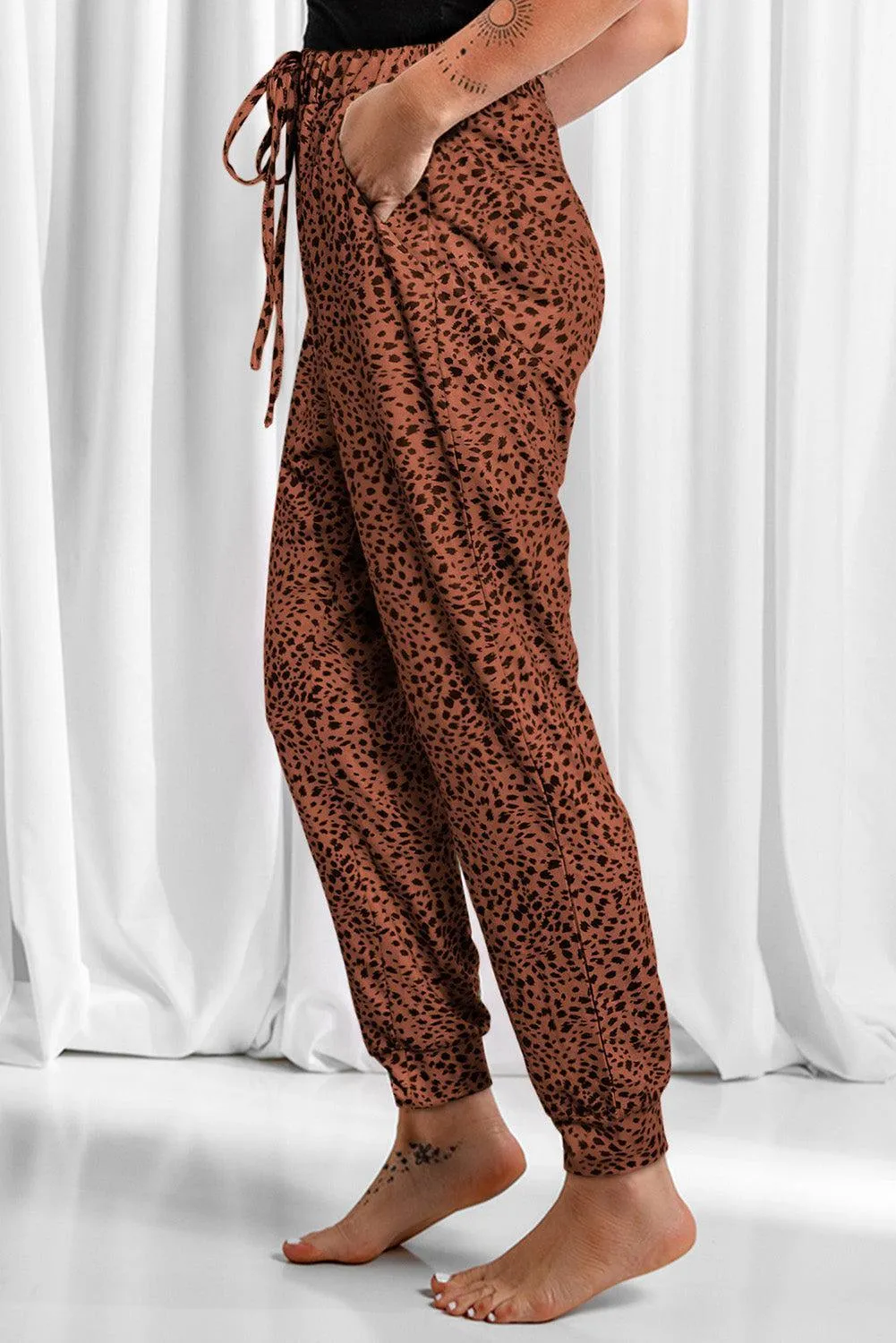Lounge In Style Drawstring Leopard Print Joggers