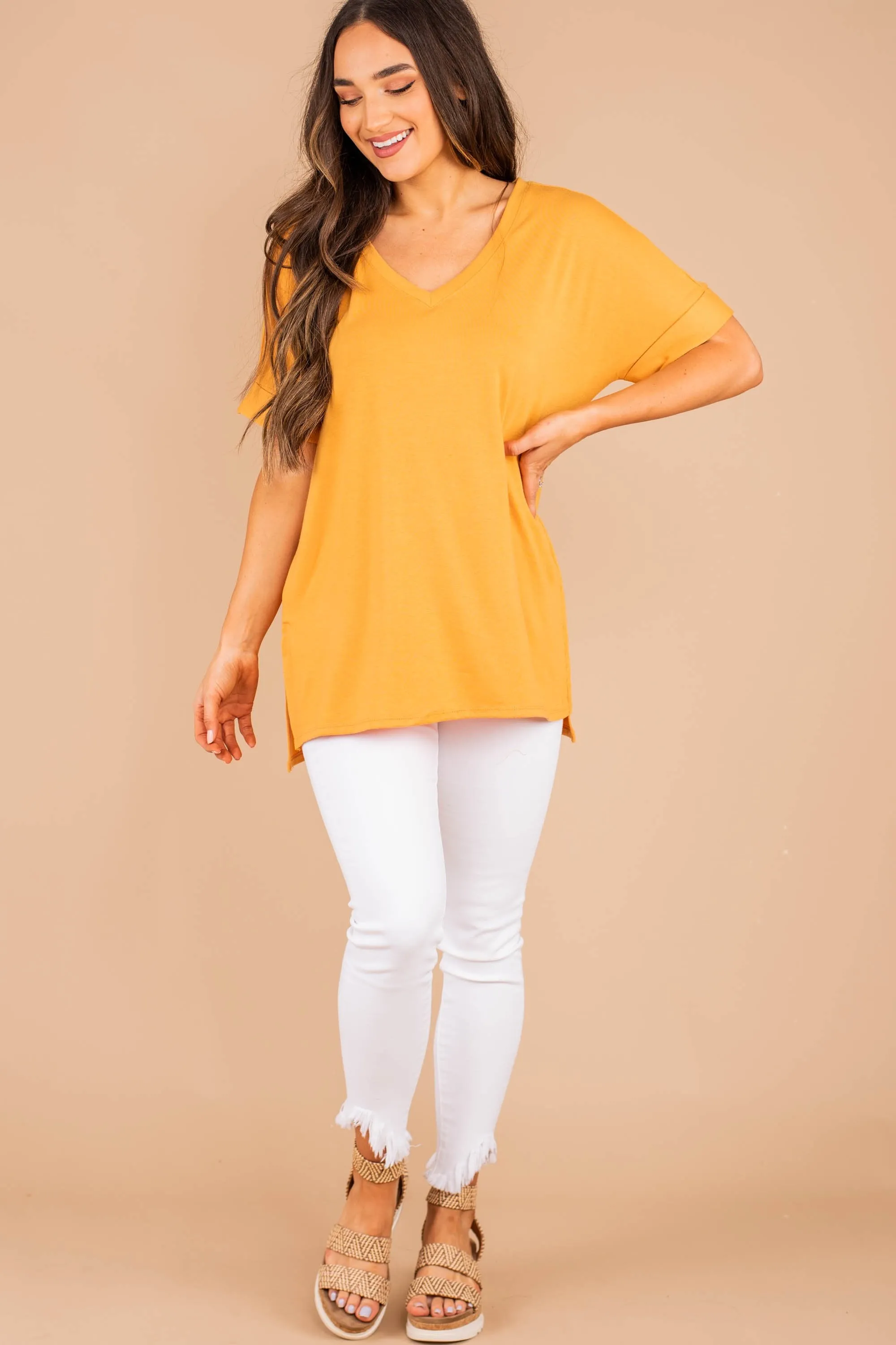 Make Your Life Easy Ash Mustard Yellow V-neck Top