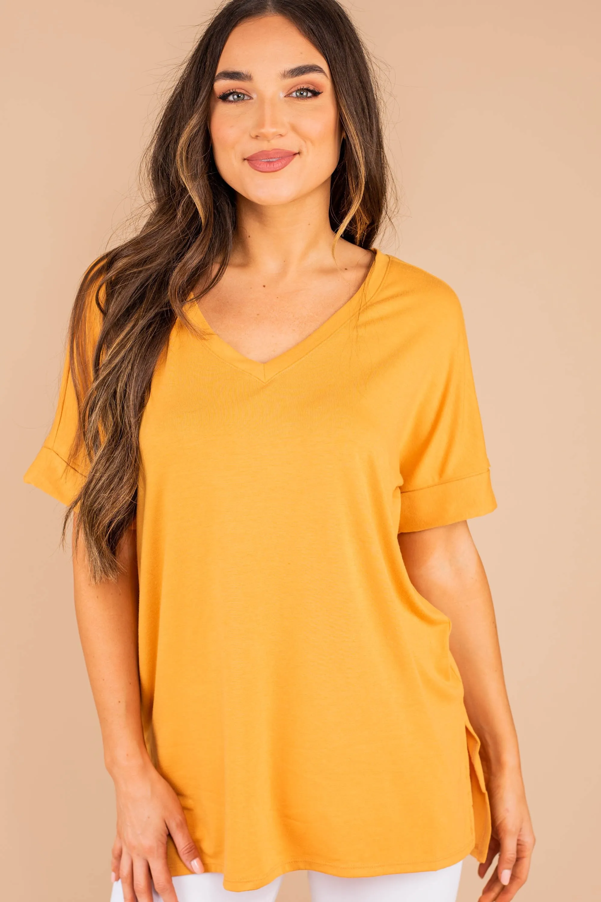 Make Your Life Easy Ash Mustard Yellow V-neck Top