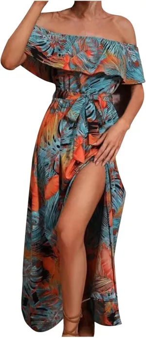 Maxi Dresses for Women 2024 Summer Boho Dress Sexy Off The Shoulder Dresses Flowy Long Sundress Vacation Dress, Small