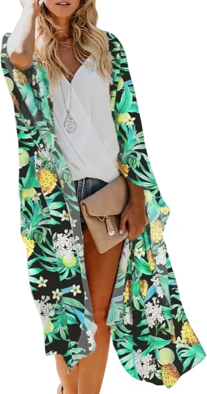 MayBuy Women's Summer Long Flowy Kimono Cardigans Boho Chiffon Beach Cover Up Tops