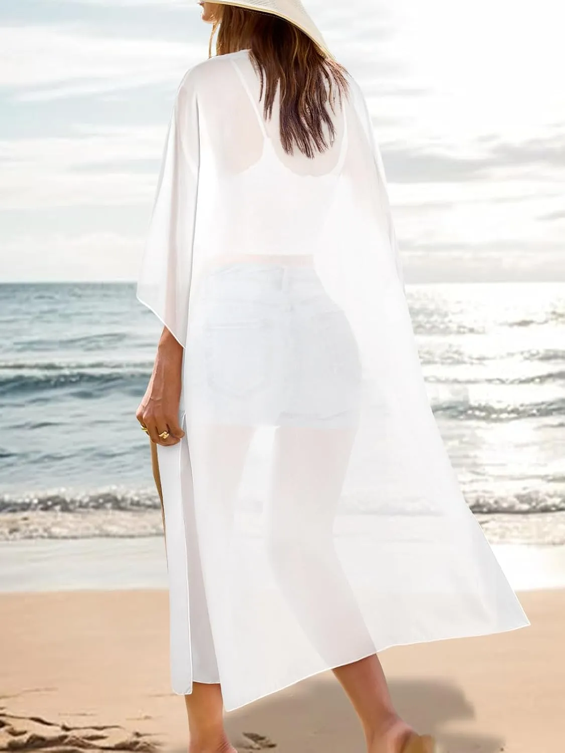 MayBuy Women's Summer Long Flowy Kimono Cardigans Boho Chiffon Beach Cover Up Tops