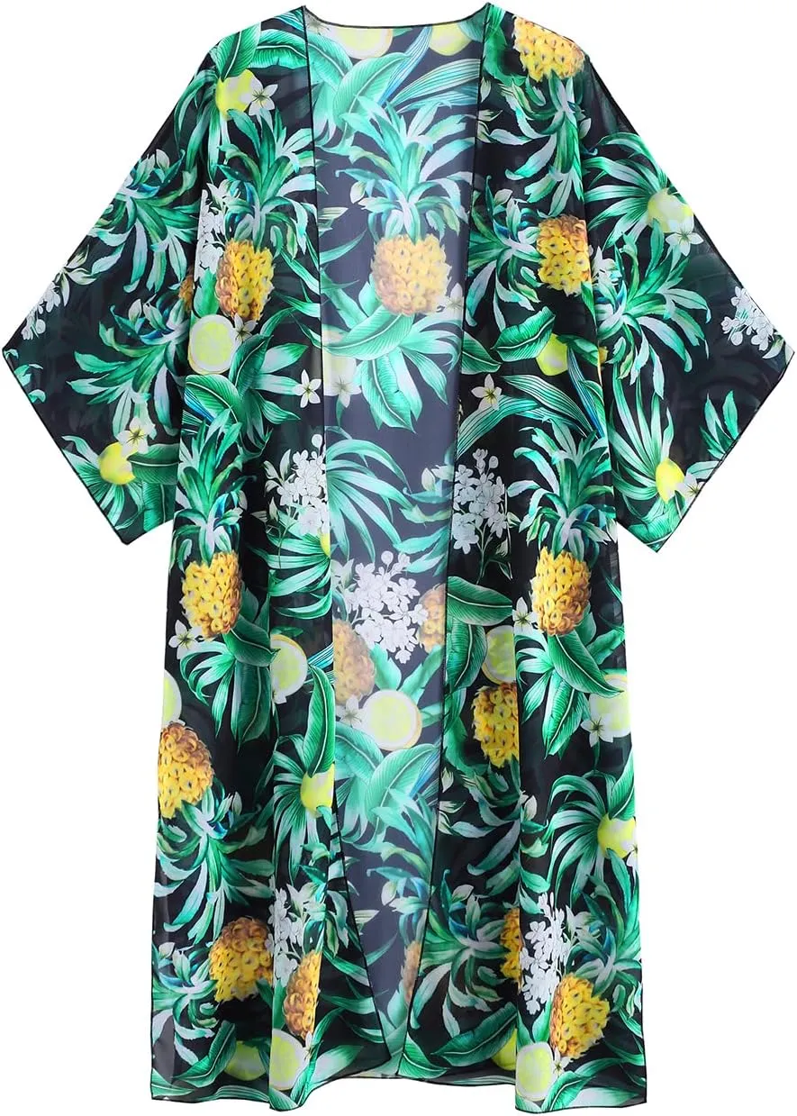 MayBuy Women's Summer Long Flowy Kimono Cardigans Boho Chiffon Beach Cover Up Tops