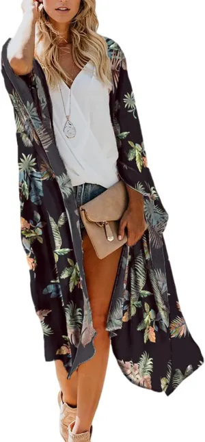 MayBuy Women's Summer Long Flowy Kimono Cardigans Boho Chiffon Beach Cover Up Tops