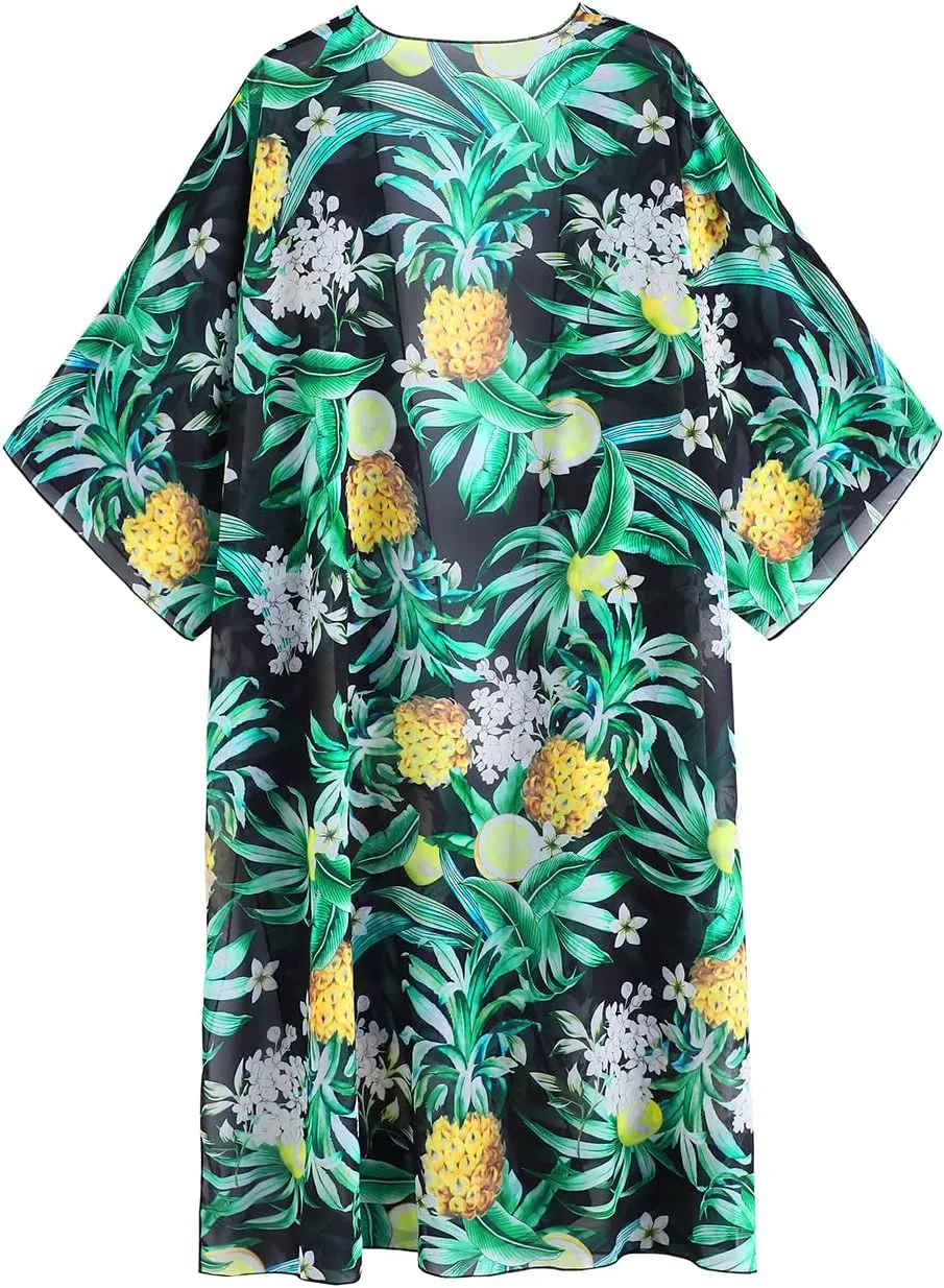 MayBuy Women's Summer Long Flowy Kimono Cardigans Boho Chiffon Beach Cover Up Tops