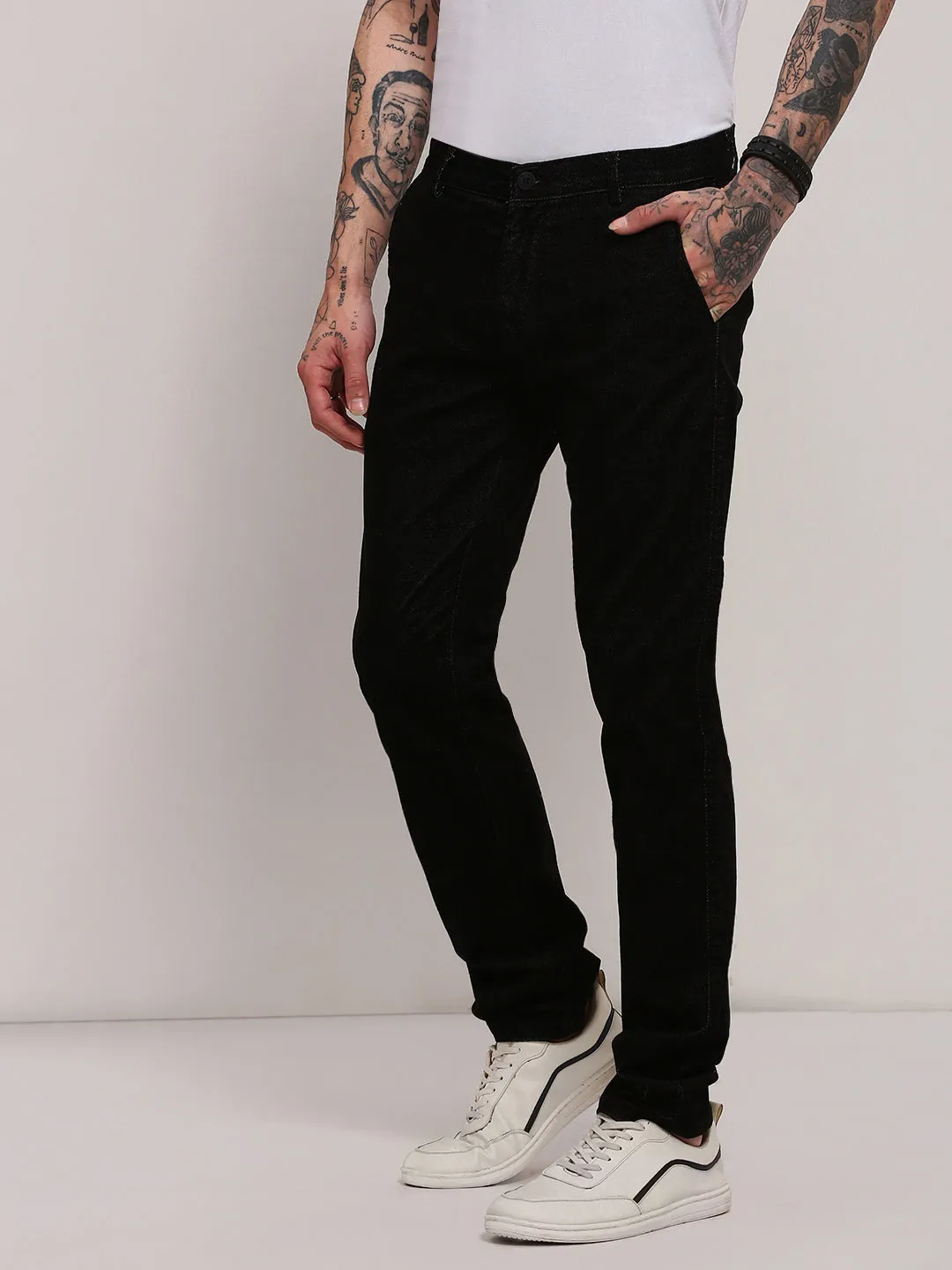 Men Black Slim Fit Low-Rise Trousers