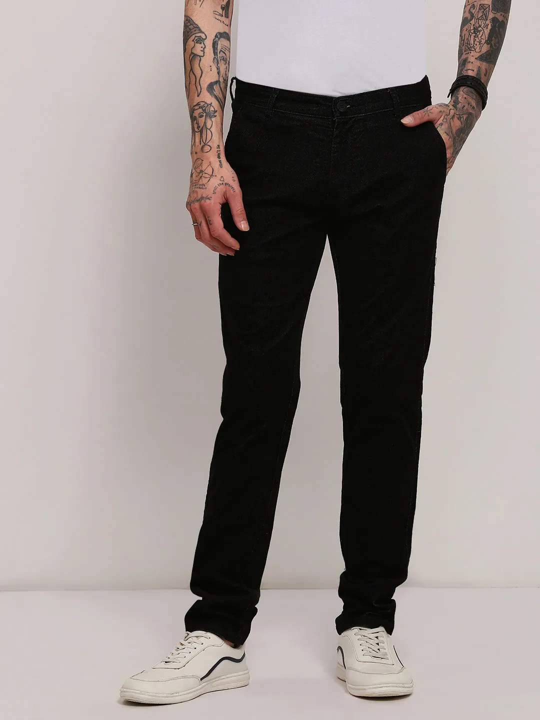 Men Black Slim Fit Low-Rise Trousers