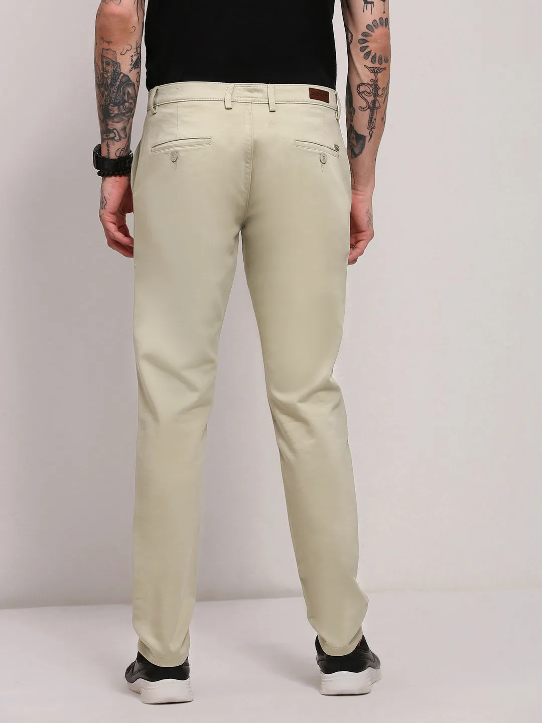 Men Green Solid Slim-Fit Cotton Trousers