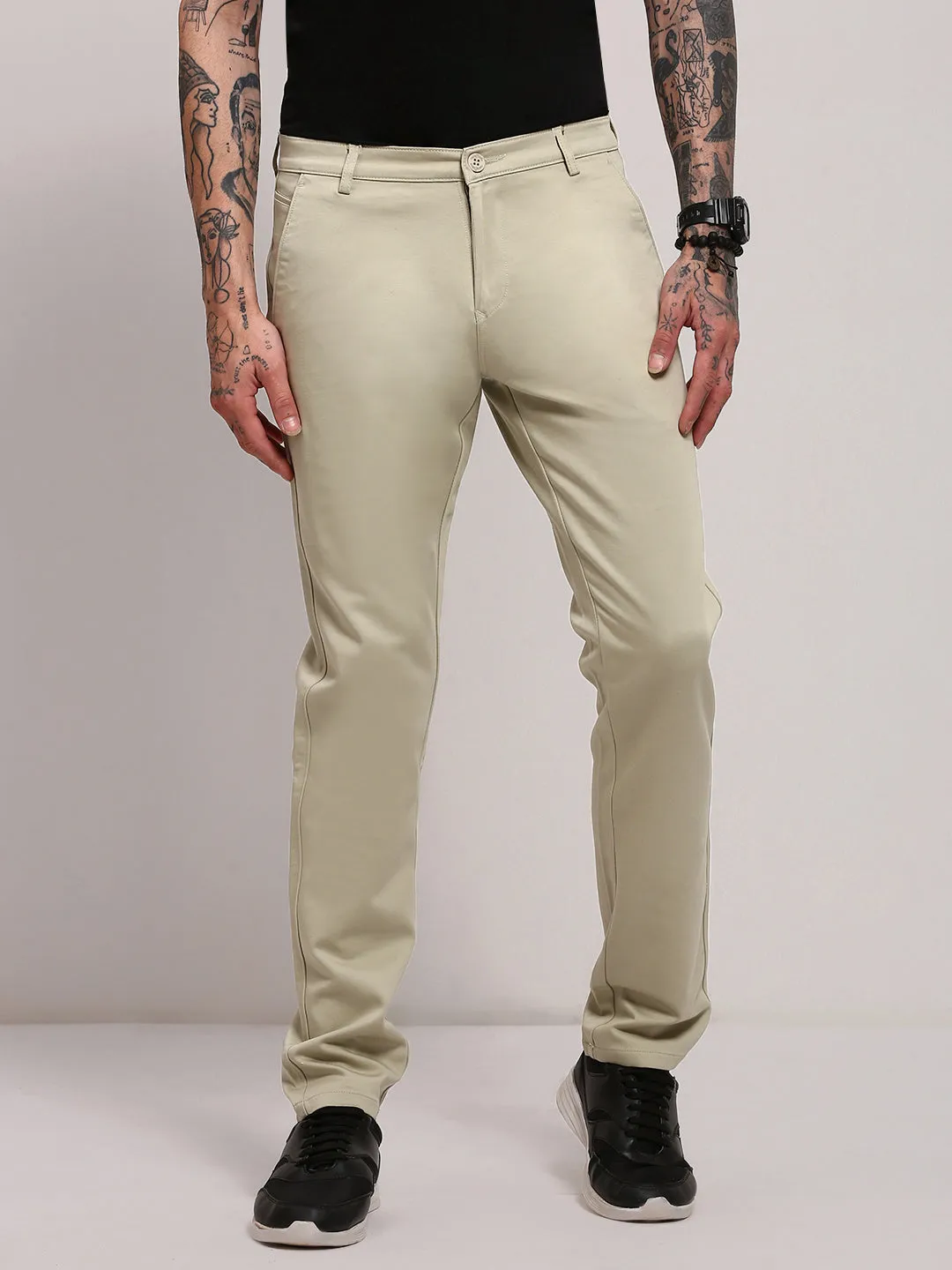 Men Green Solid Slim-Fit Cotton Trousers