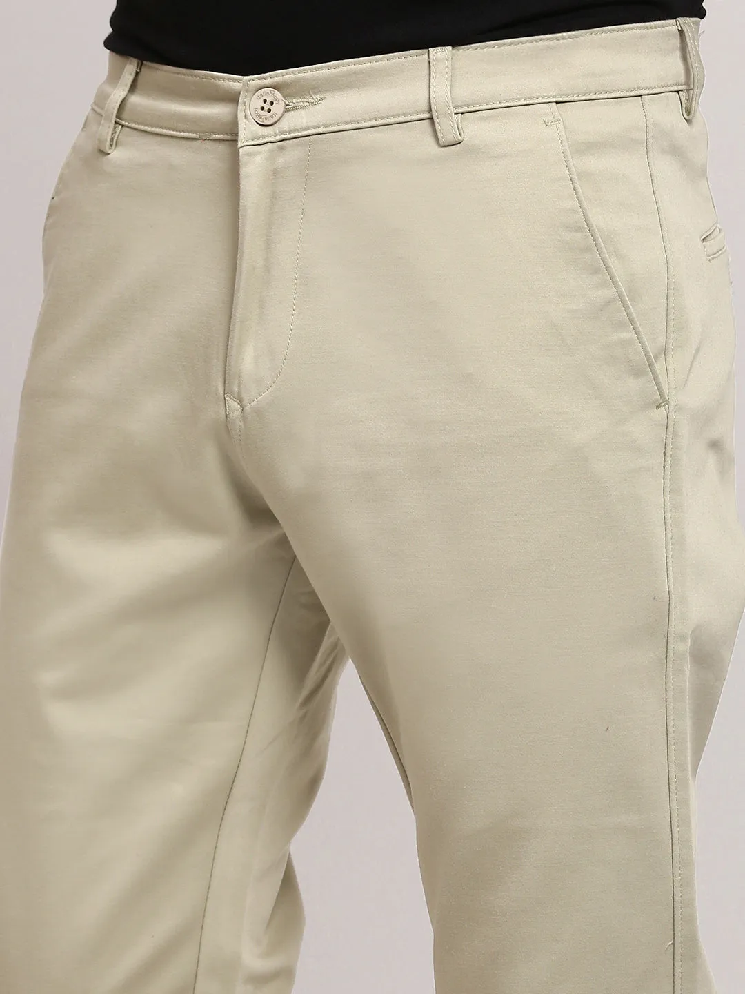 Men Green Solid Slim-Fit Cotton Trousers