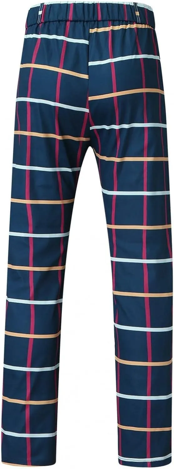 Men Grid Tailored Pants Casual Slim Fit Chinos Plaid Printed Stretch Flat-Front Dress Pants Skinny Business Pencil Pants
