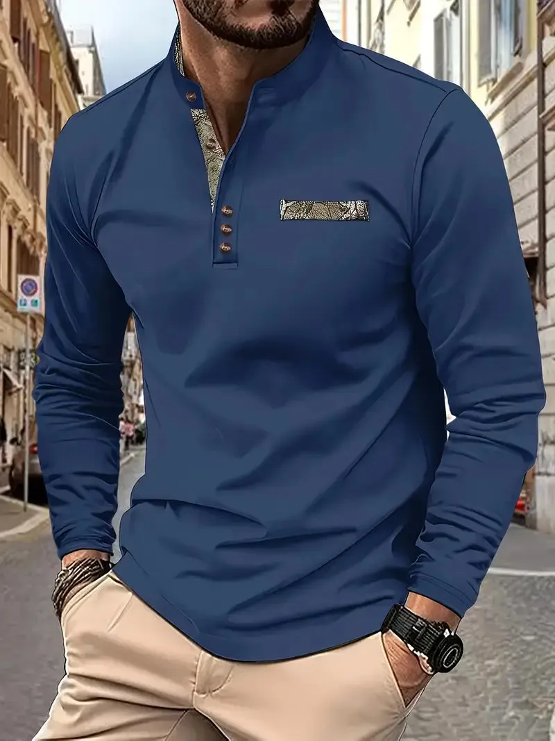 Men's Casual Henley Shirt - Stand Collar, Long Sleeve, Button Detail, Stretch Fabric