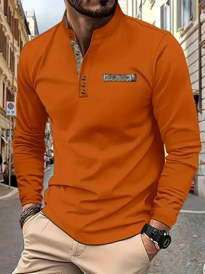 Men's Casual Henley Shirt - Stand Collar, Long Sleeve, Button Detail, Stretch Fabric