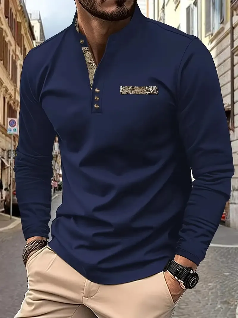 Men's Casual Henley Shirt - Stand Collar, Long Sleeve, Button Detail, Stretch Fabric