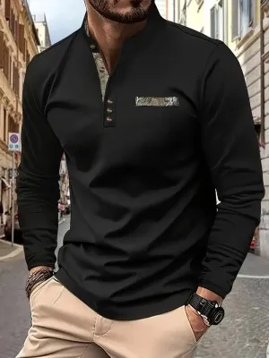 Men's Casual Henley Shirt - Stand Collar, Long Sleeve, Button Detail, Stretch Fabric