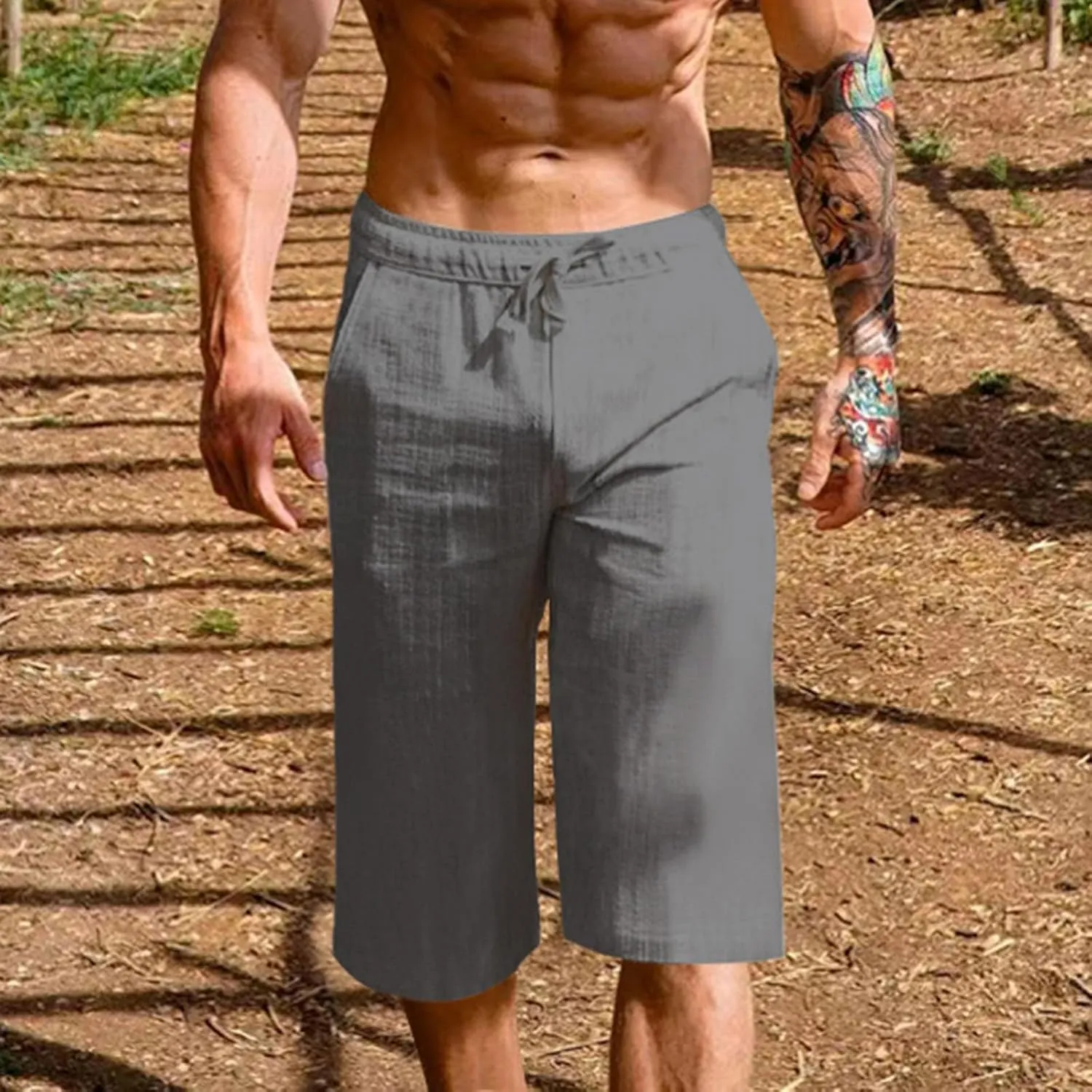 Men's Cotton Linen Cropped Trousers Mens Drawstring High Waist Capris Pants 3/4 Elasticated Waist Sweatpants