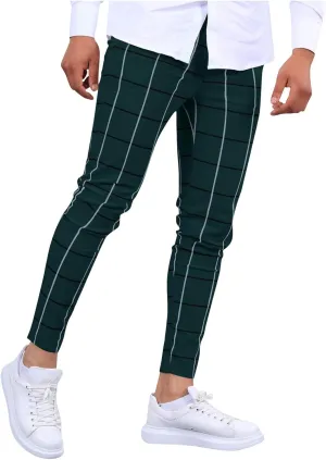 Men's Fashion Stretch Dress Pants Slim Fit Lightweight Plaid Skinny Long Pants Casual Business Work Golf Trousers