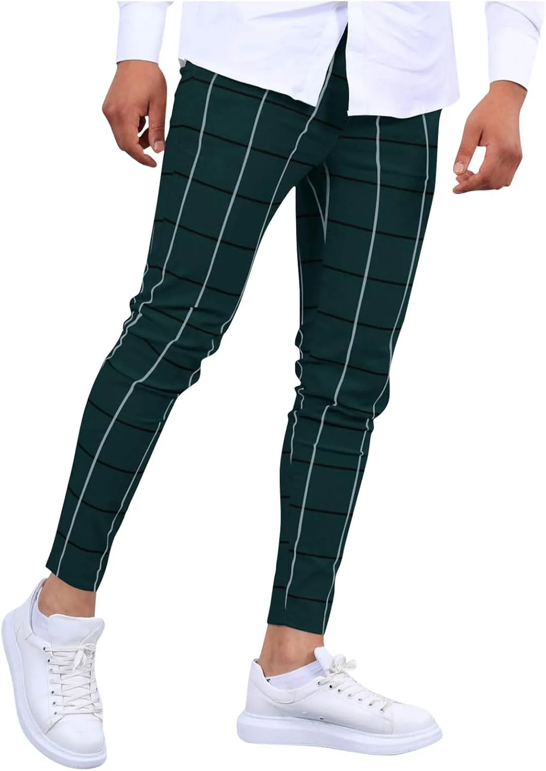 Men's Fashion Stretch Dress Pants Slim Fit Lightweight Plaid Skinny Long Pants Casual Business Work Golf Trousers