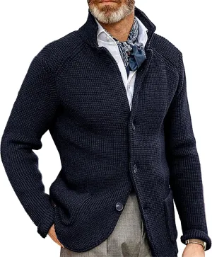 Men's Knitted Jacket Casual Button Up Slim Fit Cardigan Warm Cable Sweater Blazer with Pockets