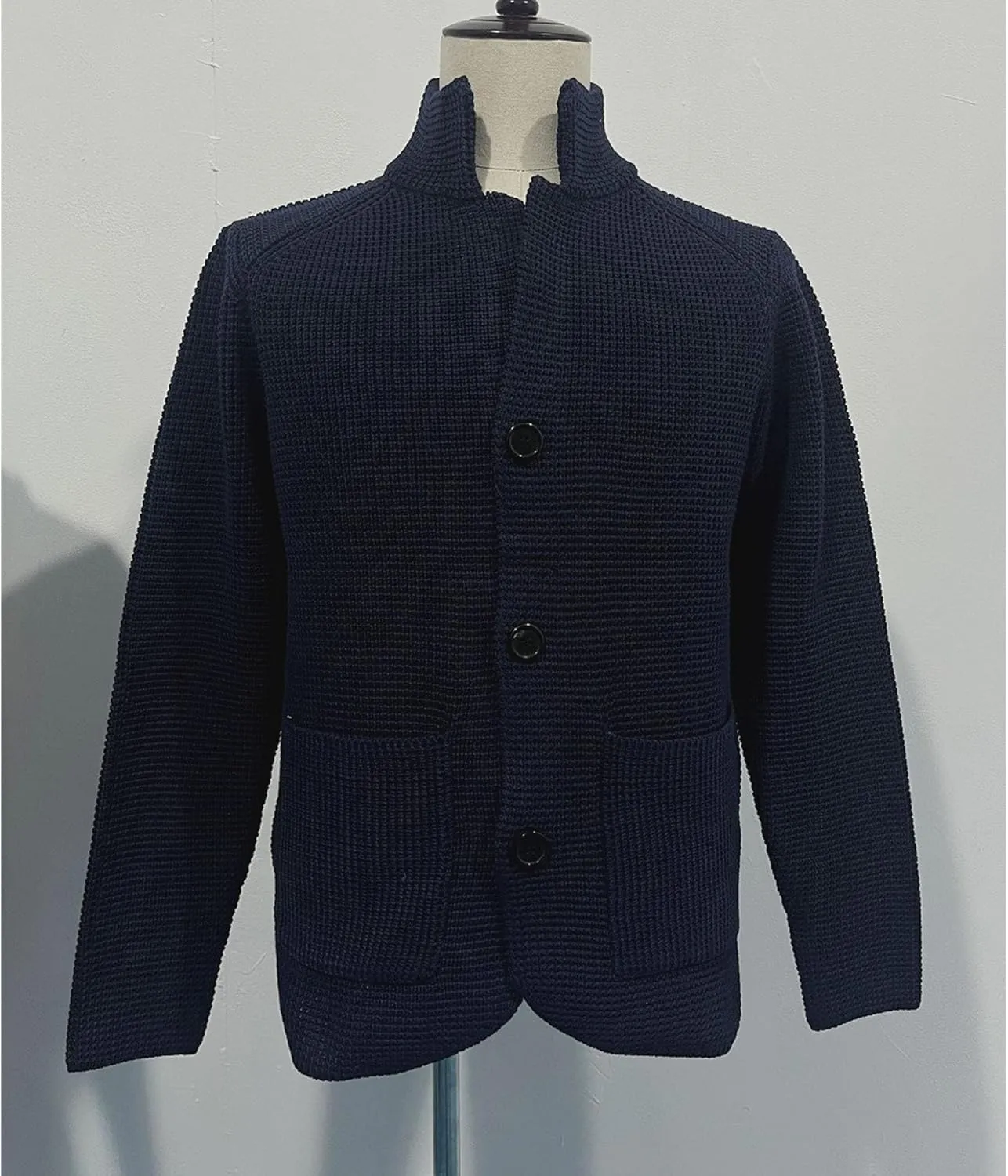 Men's Knitted Jacket Casual Button Up Slim Fit Cardigan Warm Cable Sweater Blazer with Pockets