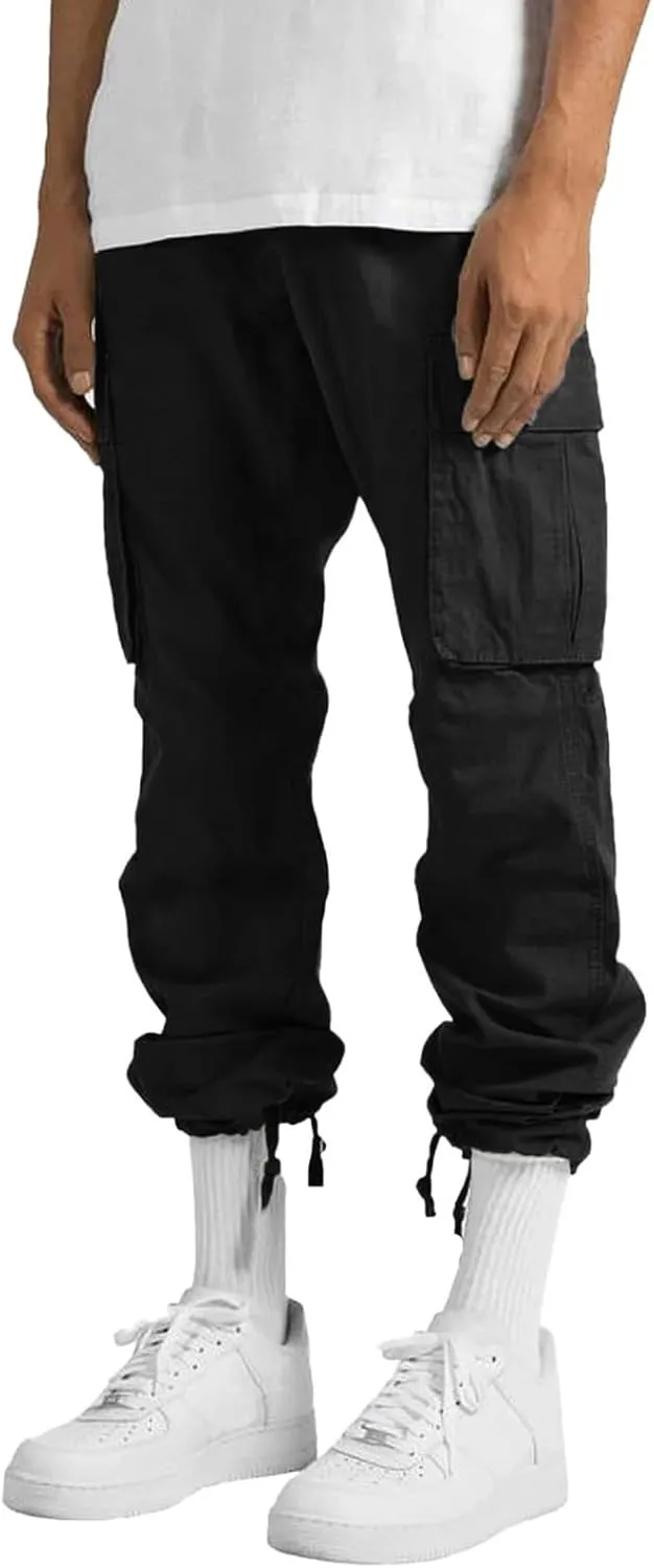 Mens Lightweight Joggers Mens Casual Waist Color Sports Hat Multi Woven Pocket Foot Rope Solid Pants Exercise Pants