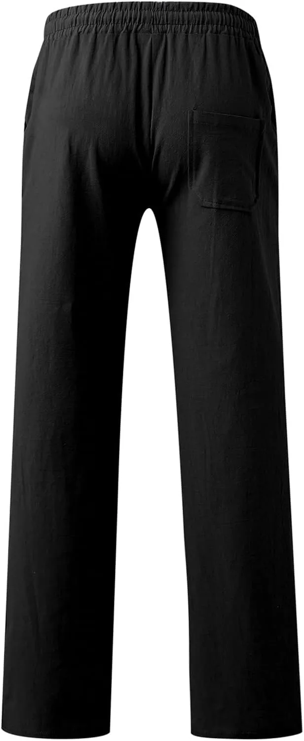 Mens Linen Pants Lightweight Casual Relaxed Fit Wide Leg Trousers Breathable Drawstring Waist Pants Baggy Joggers