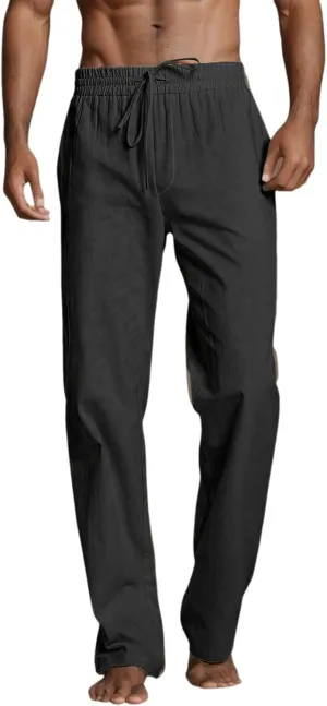 Mens Linen Pants Lightweight Casual Relaxed Fit Wide Leg Trousers Breathable Drawstring Waist Pants Baggy Joggers