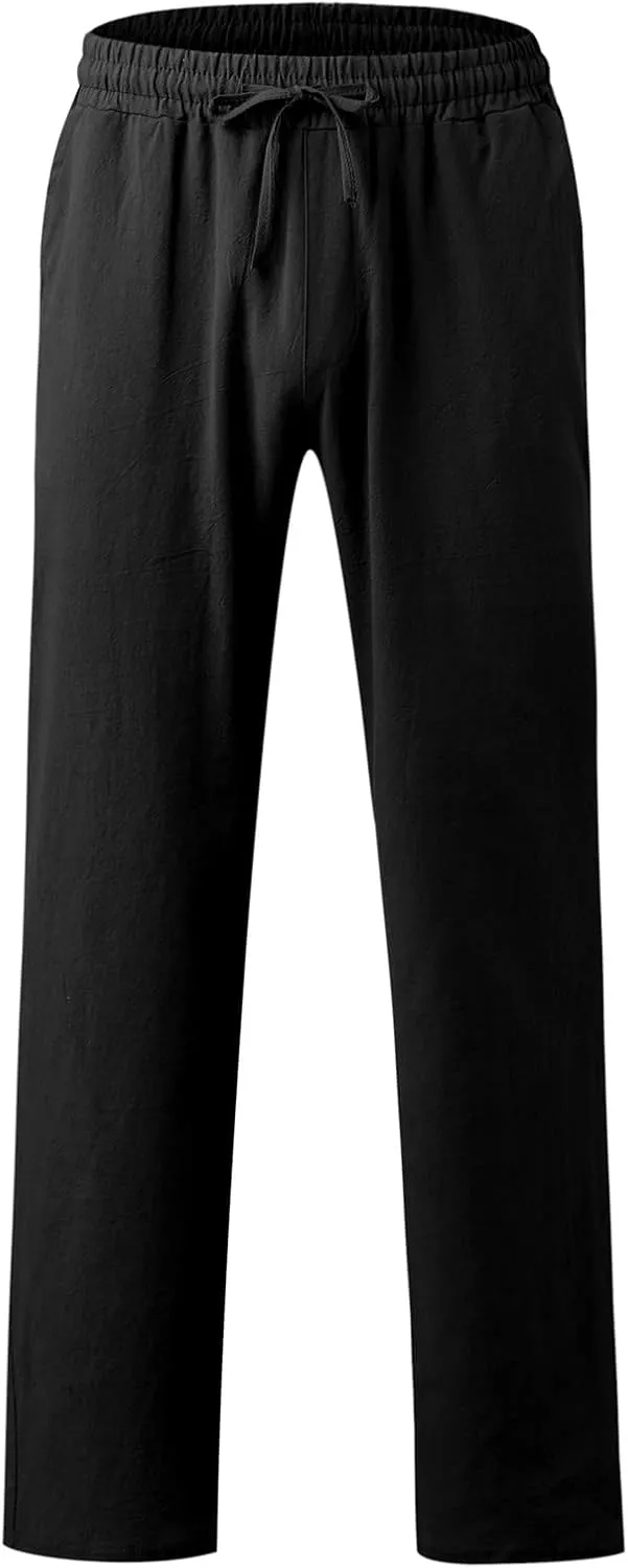 Mens Linen Pants Lightweight Casual Relaxed Fit Wide Leg Trousers Breathable Drawstring Waist Pants Baggy Joggers