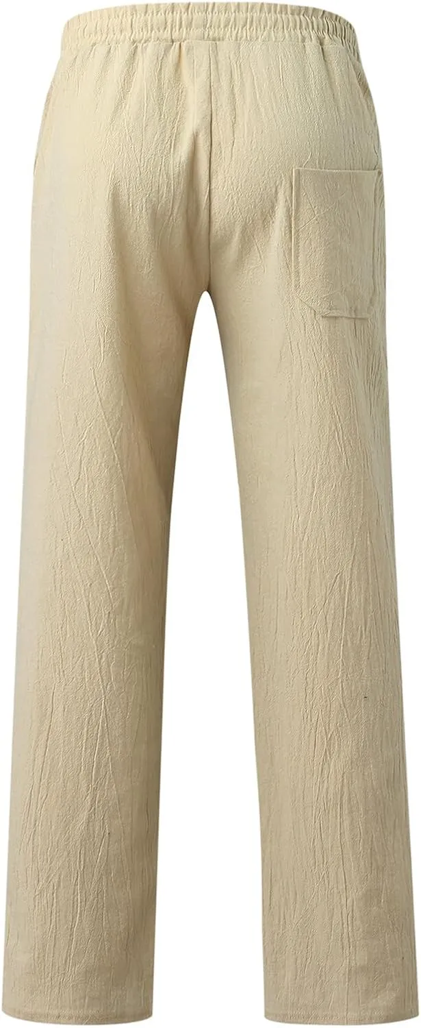 Mens Linen Pants Lightweight Casual Relaxed Fit Wide Leg Trousers Breathable Drawstring Waist Pants Baggy Joggers