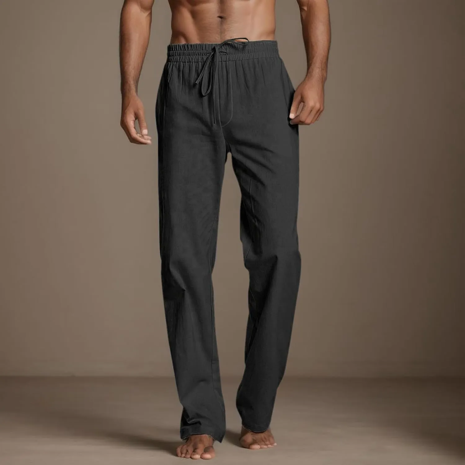 Mens Linen Pants Lightweight Casual Relaxed Fit Wide Leg Trousers Breathable Drawstring Waist Pants Baggy Joggers