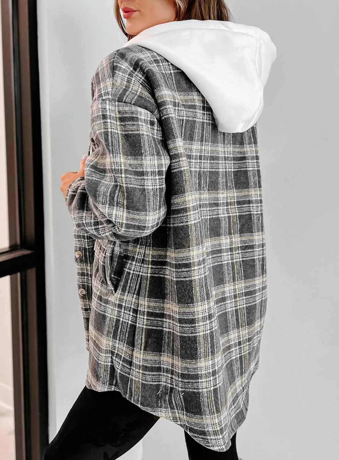 Merryfun Womens Plaid Shacket Jacket Sherpa Lined Flannel Jackets Oversized Button Up Fleece Hooded Warm Coat