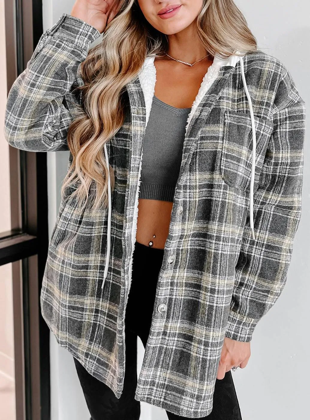 Merryfun Womens Plaid Shacket Jacket Sherpa Lined Flannel Jackets Oversized Button Up Fleece Hooded Warm Coat