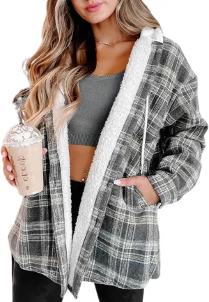 Merryfun Womens Plaid Shacket Jacket Sherpa Lined Flannel Jackets Oversized Button Up Fleece Hooded Warm Coat