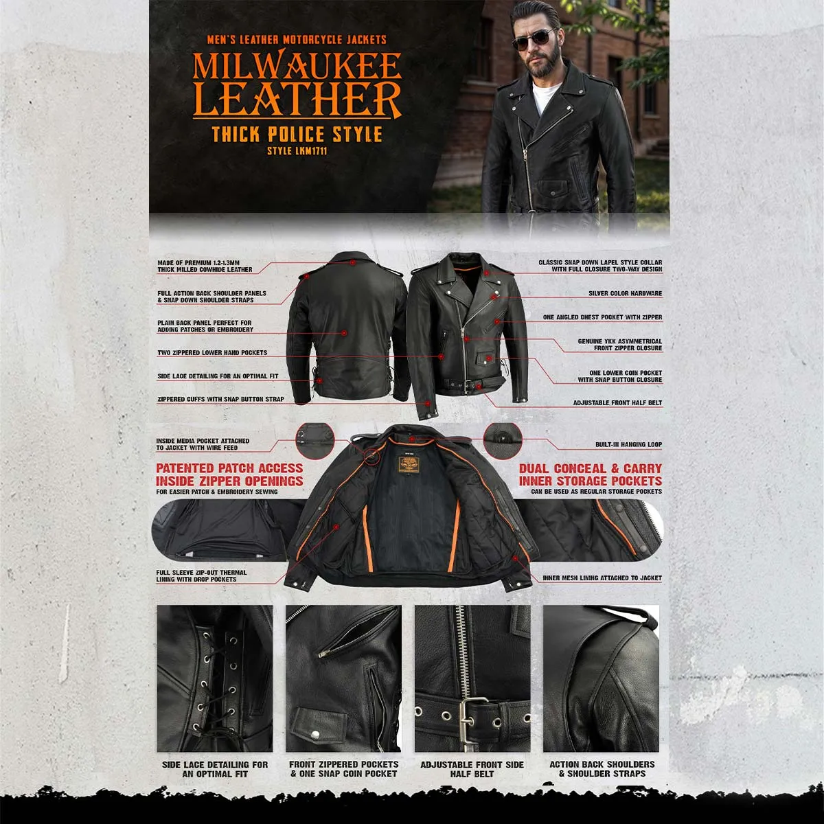 Milwaukee Leather LKM1711 Black Leather Motorcycle Jacket for Men,