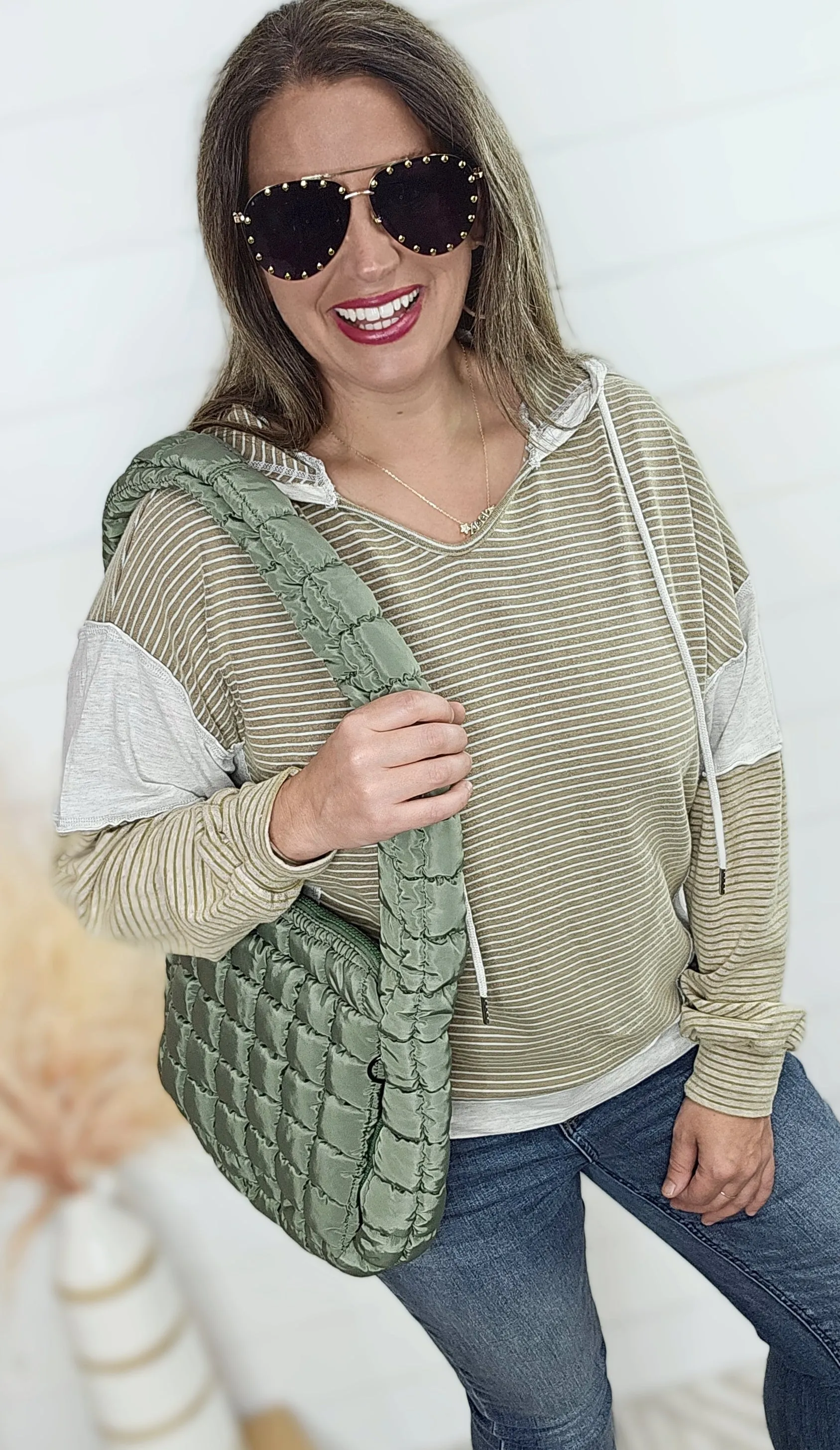 MUSHROOM STRIPED CONTRAST HOODED TOP