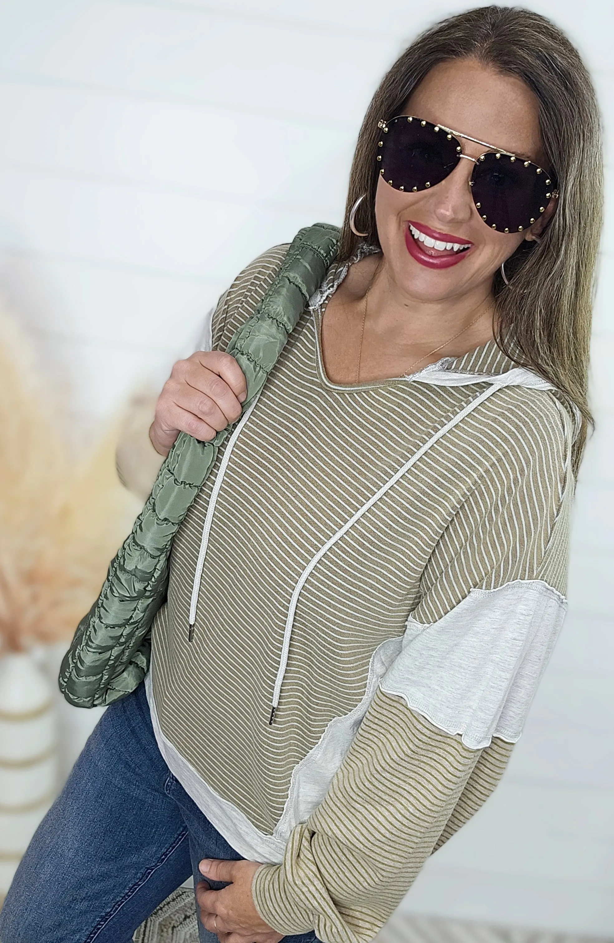 MUSHROOM STRIPED CONTRAST HOODED TOP