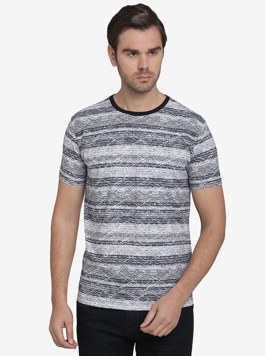 Navy Blue & Grey Printed Slim Fit T-Shirt  | JadeBlue