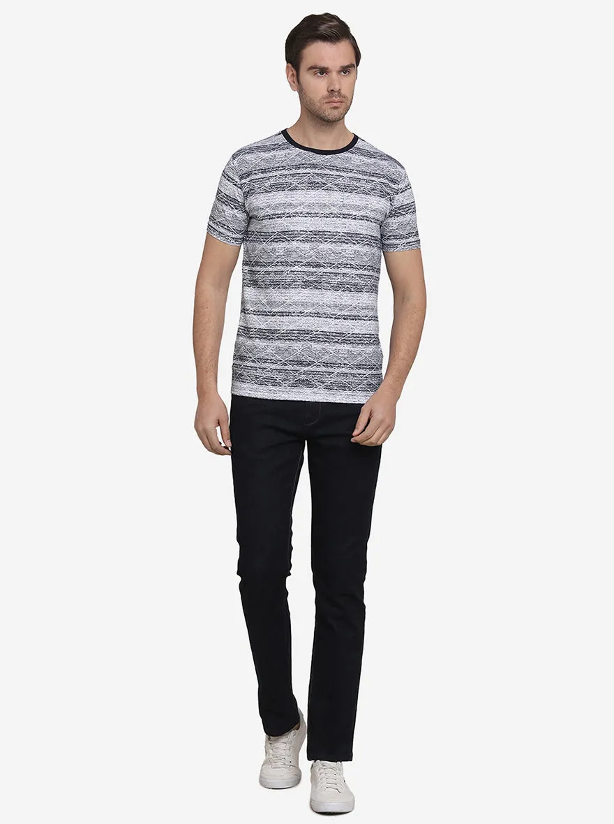 Navy Blue & Grey Printed Slim Fit T-Shirt  | JadeBlue